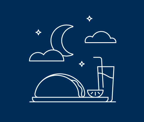 Icon of a taco and drink against a night sky with moon.